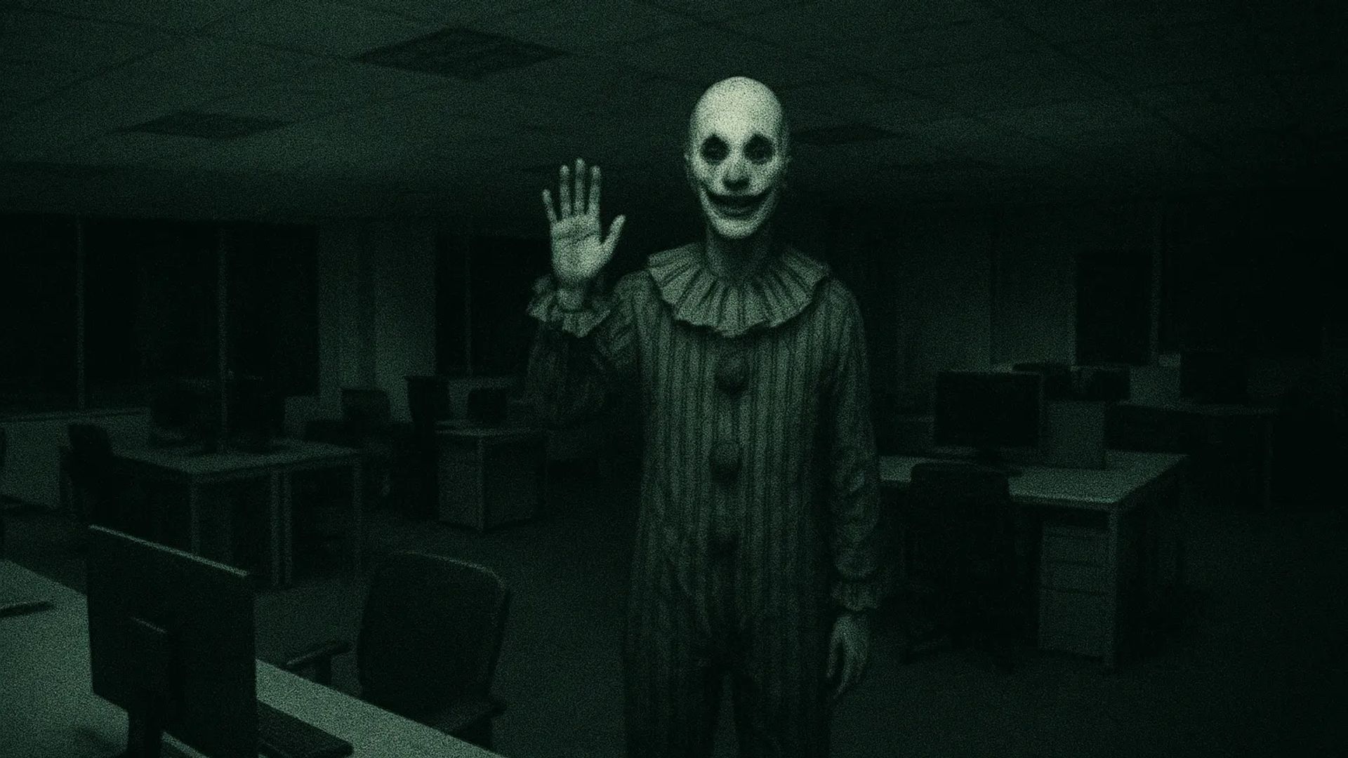 Japanese Ghost Story illustration "title: The Clown Lurking in the Empty Building"