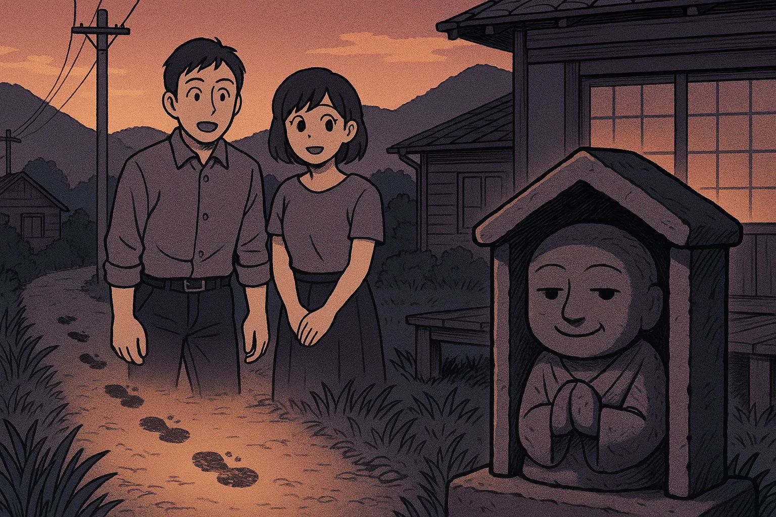 Japanese Ghost Story illustration "title: The House That Moved the Dosojin"