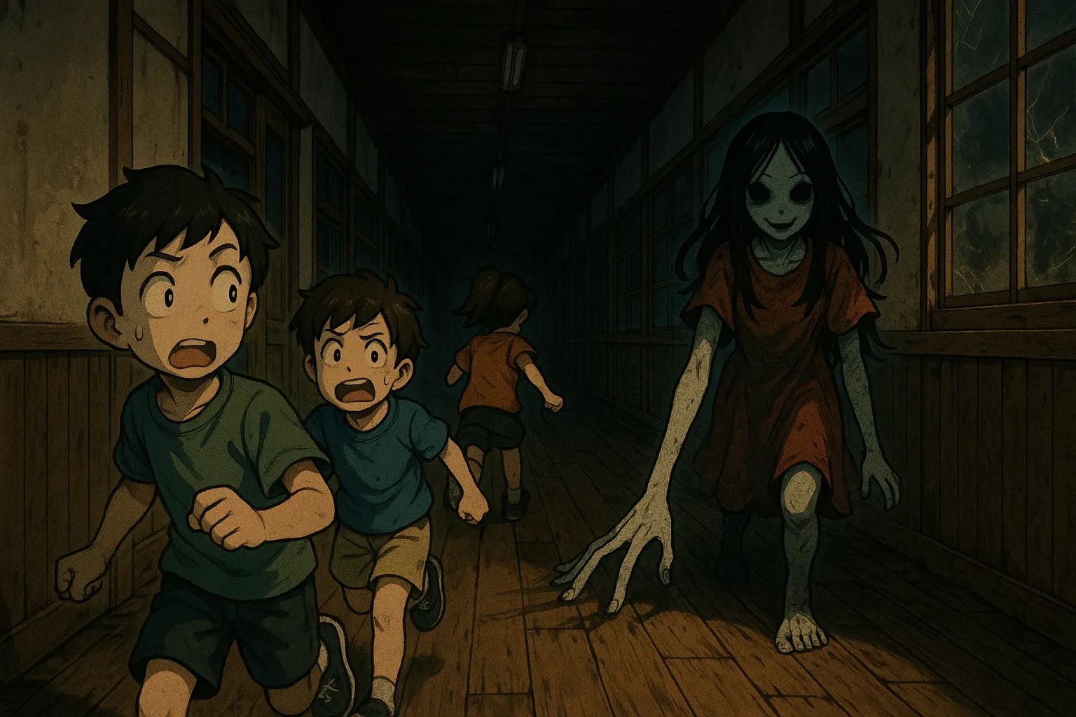 Japanese Ghost Story illustration "title: Omi-chan of the Long Hallway"