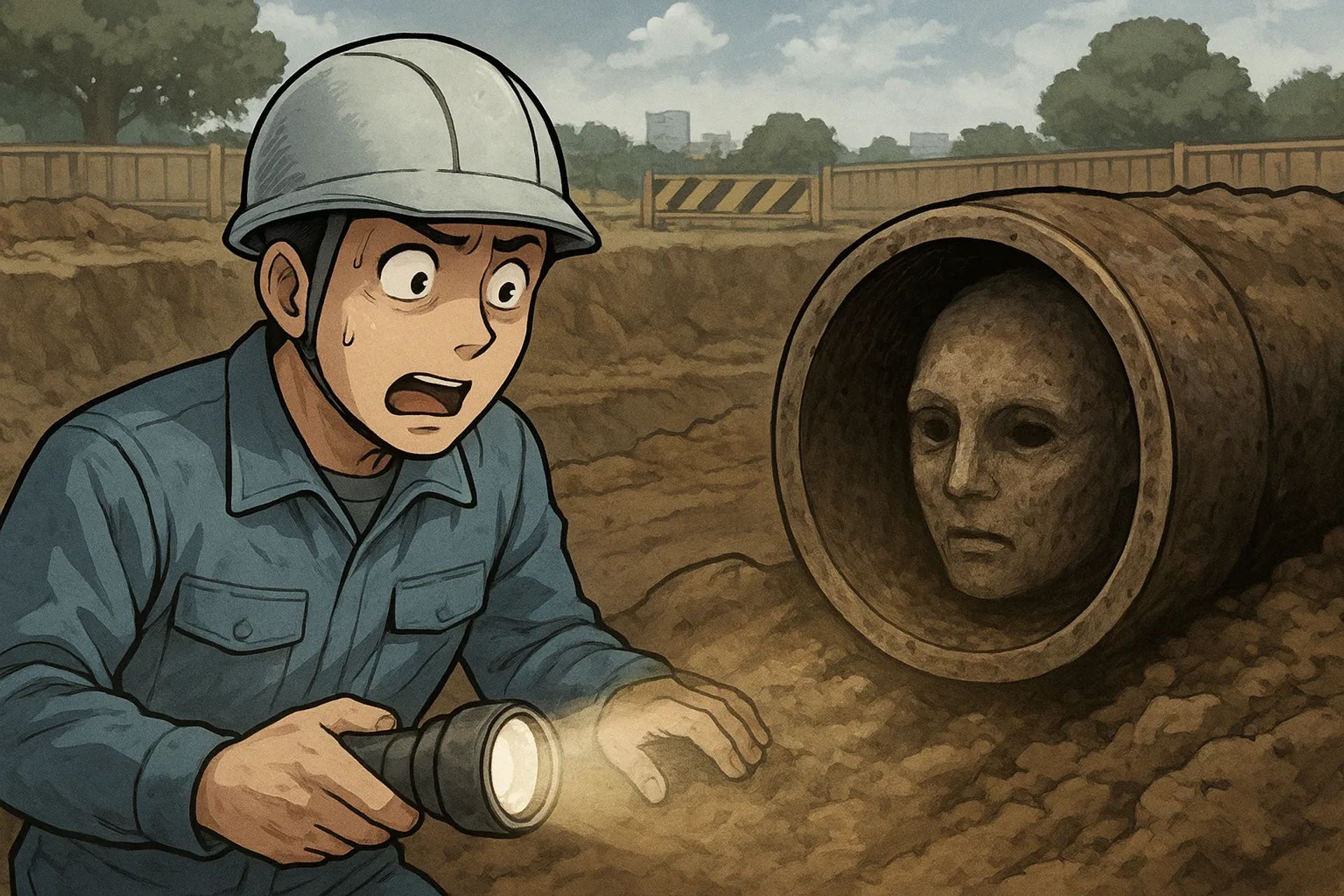 Japanese Ghost Story illustration "title: The Face in the Pipe"