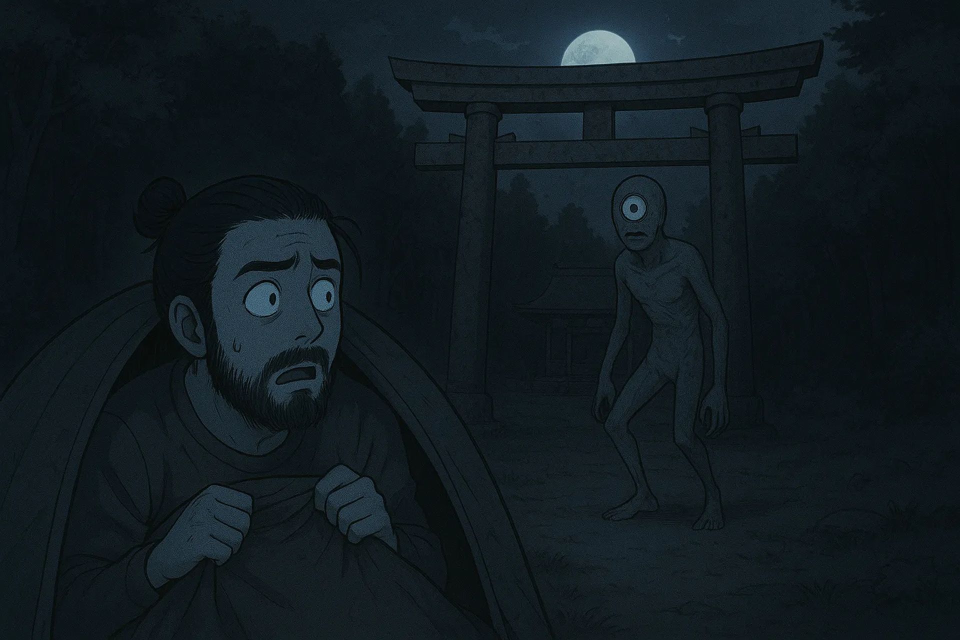 Japanese Ghost Story illustration "title: The Deserted Shrine Deep in the Mountains"