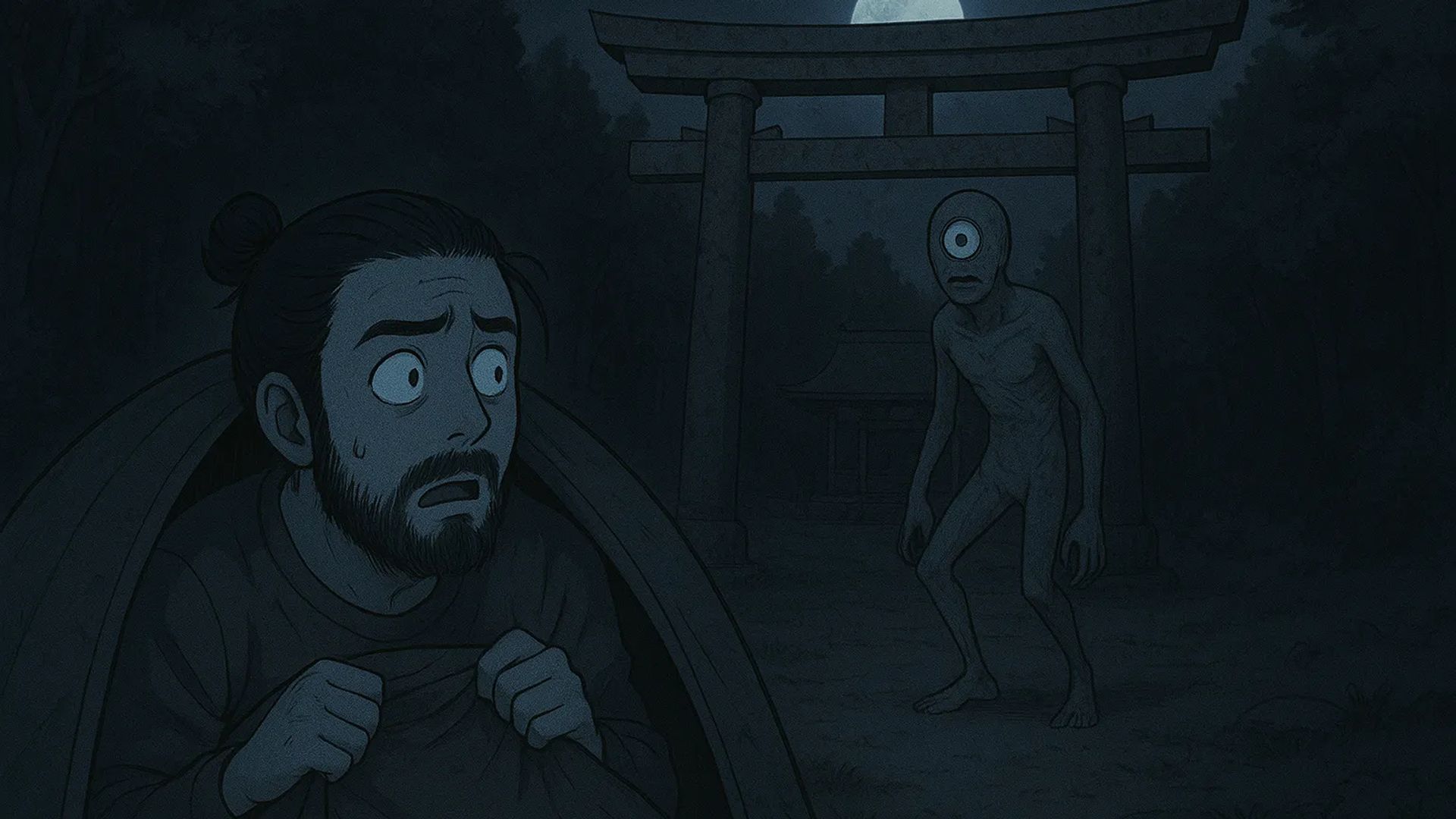 Japanese Ghost Story illustration "title: The Deserted Shrine Deep in the Mountains"