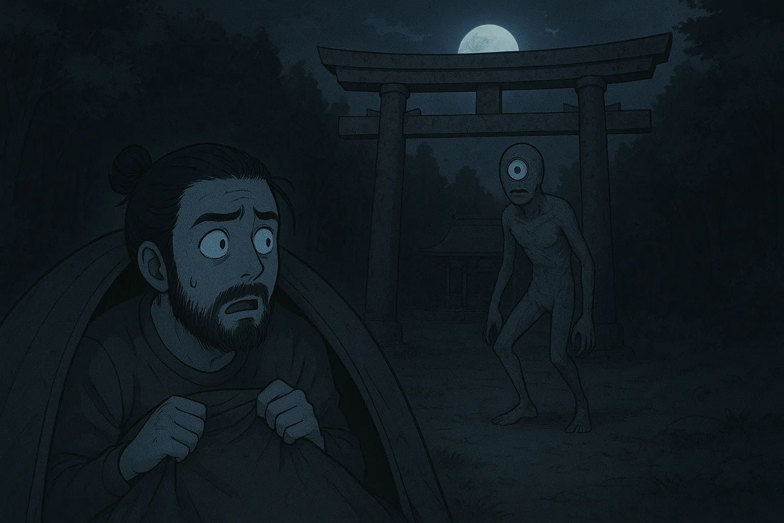 Japanese Ghost Story illustration "title: The Deserted Shrine Deep in the Mountains"