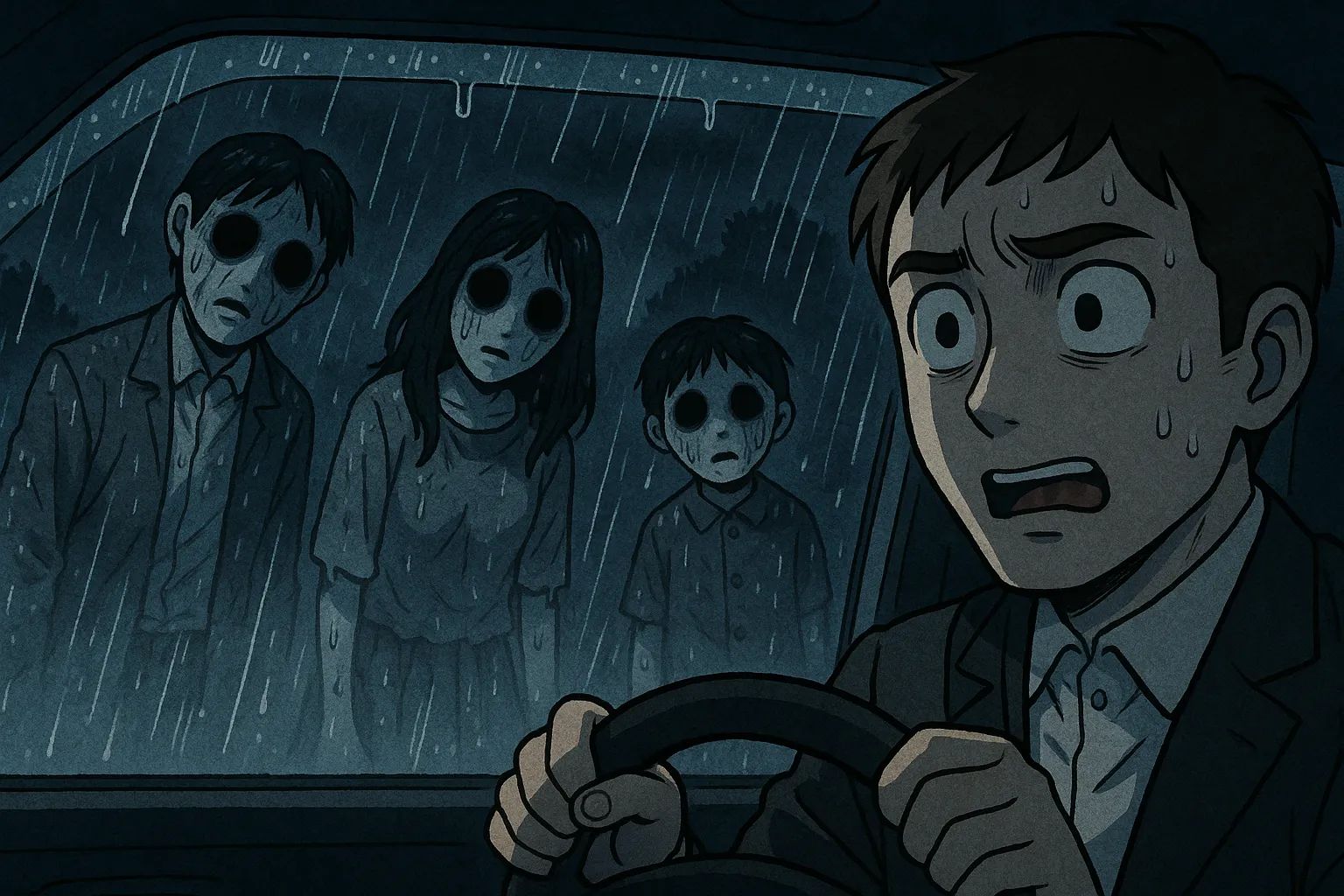 Japanese Ghost Story illustration "title: The Family in the Tunnel"