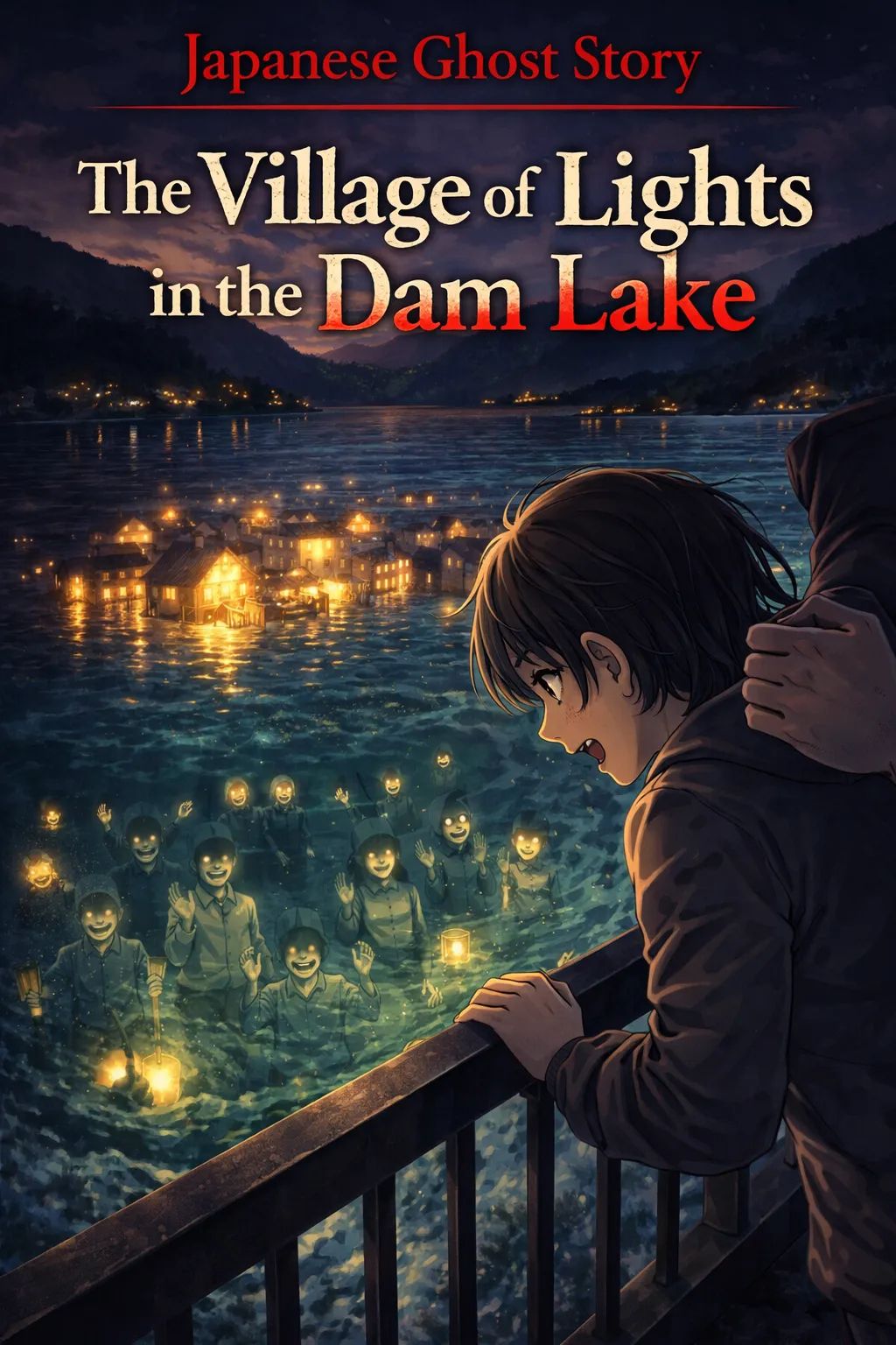 Japanese Ghost Story illustration "title: The Village of Lights in the Dam Lake"