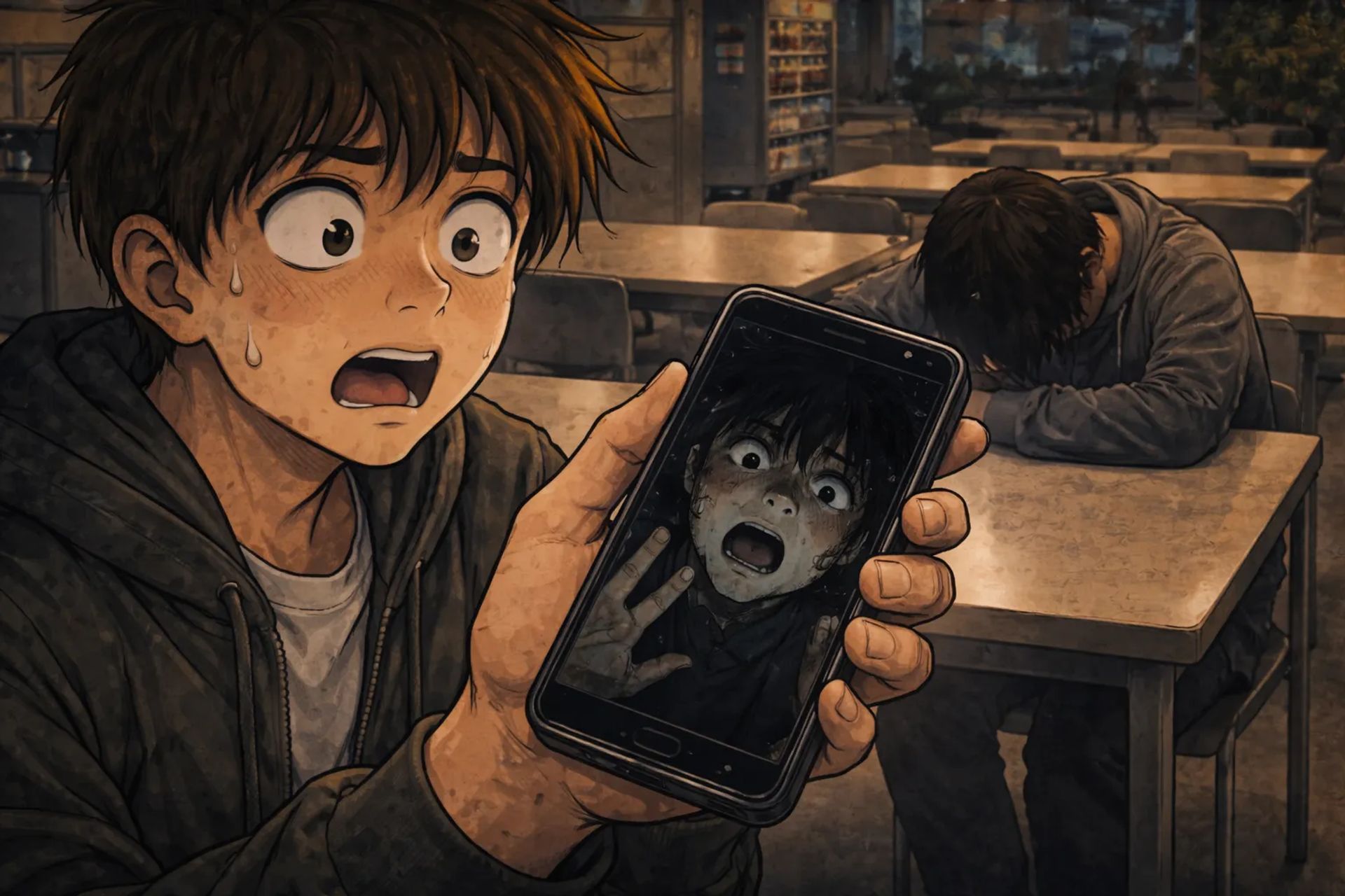 Japanese Ghost Story illustration "title: The Friend Who Kept Looking at His Phone"