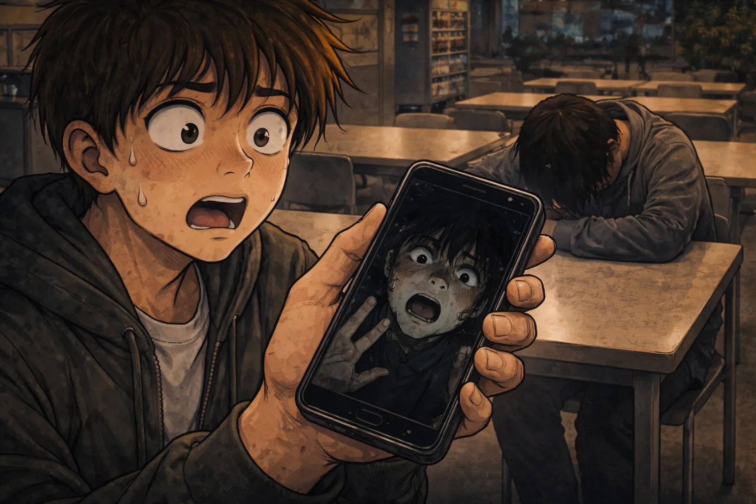 Japanese Ghost Story illustration "title: The Friend Who Kept Looking at His Phone"