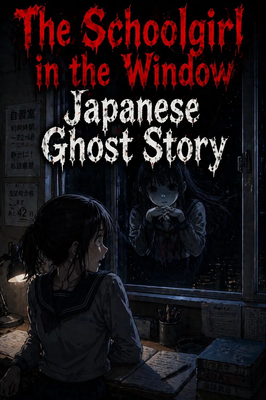Japanese Ghost Story illustration "title: The Schoolgirl in the Window"