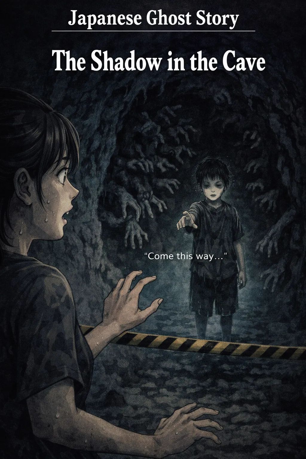 Japanese Ghost Story illustration "title: The Shadow in the Cave"