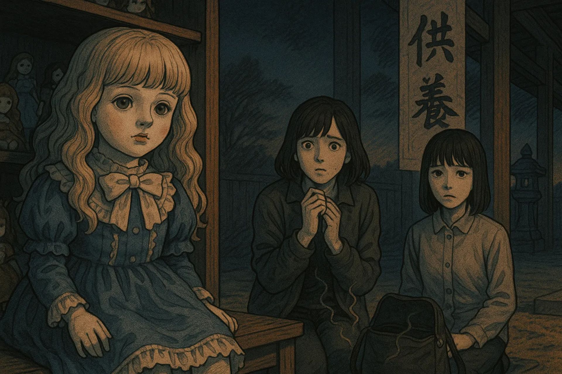 Japanese Ghost Story illustration "title: The Doll from the Flea Market"