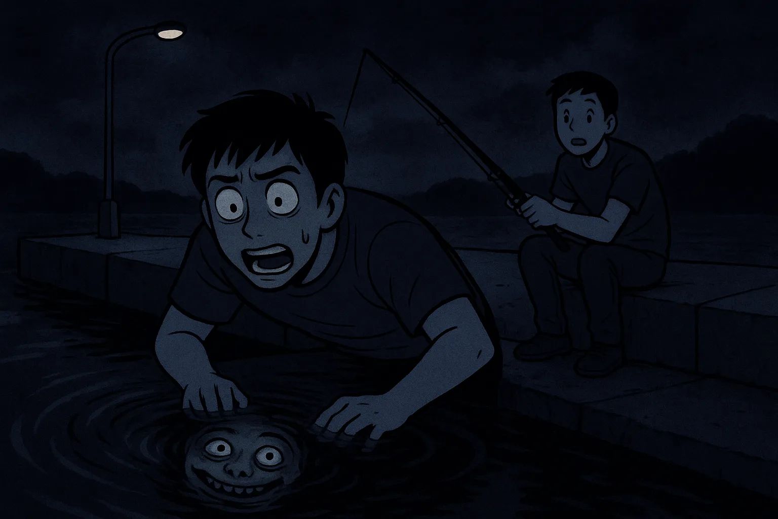 Japanese Ghost Story illustration "title: The Calling Voice at the Fishing Spot"