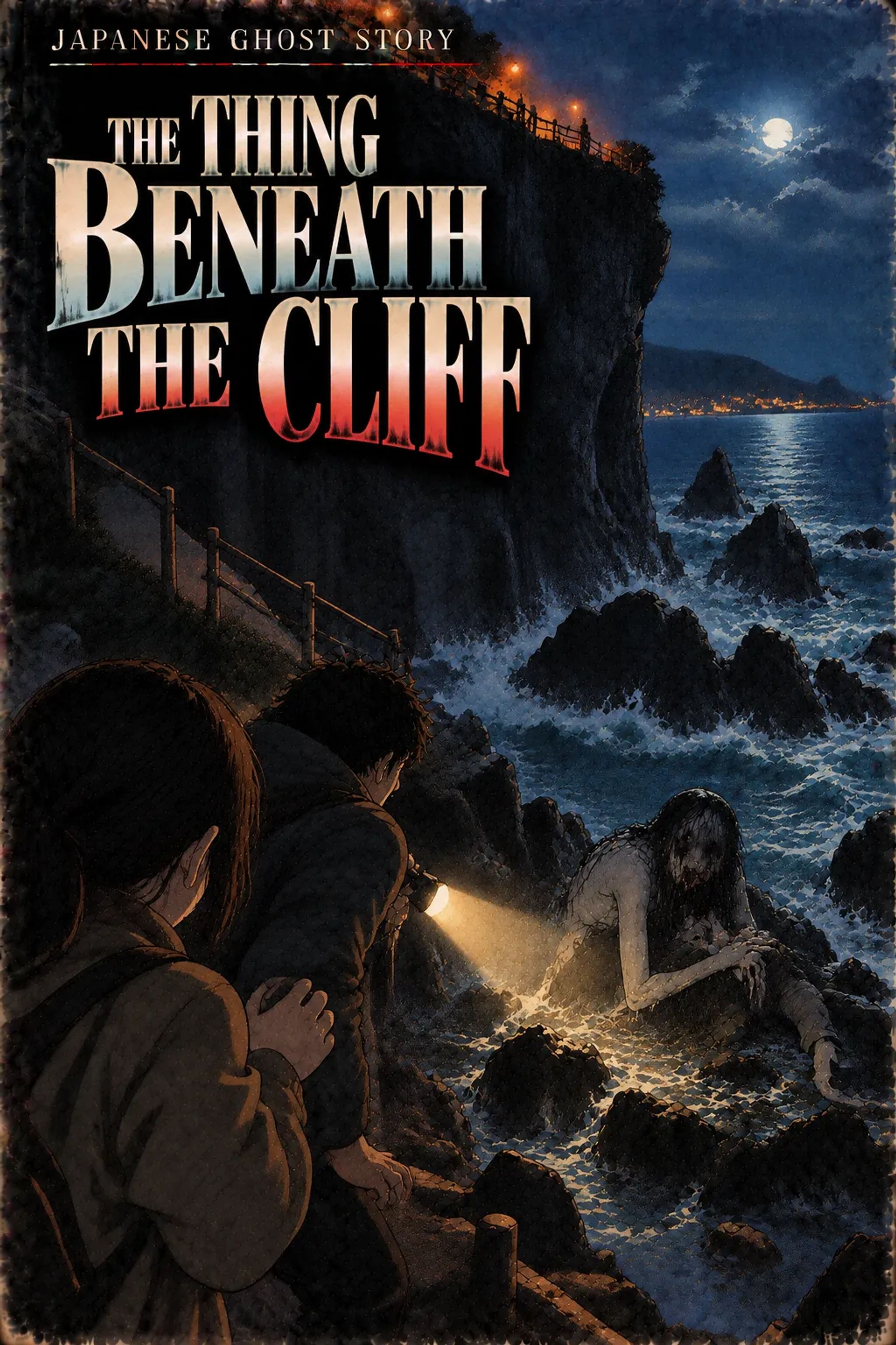 Japanese Ghost Story illustration "title: The Thing Beneath the Cliff"