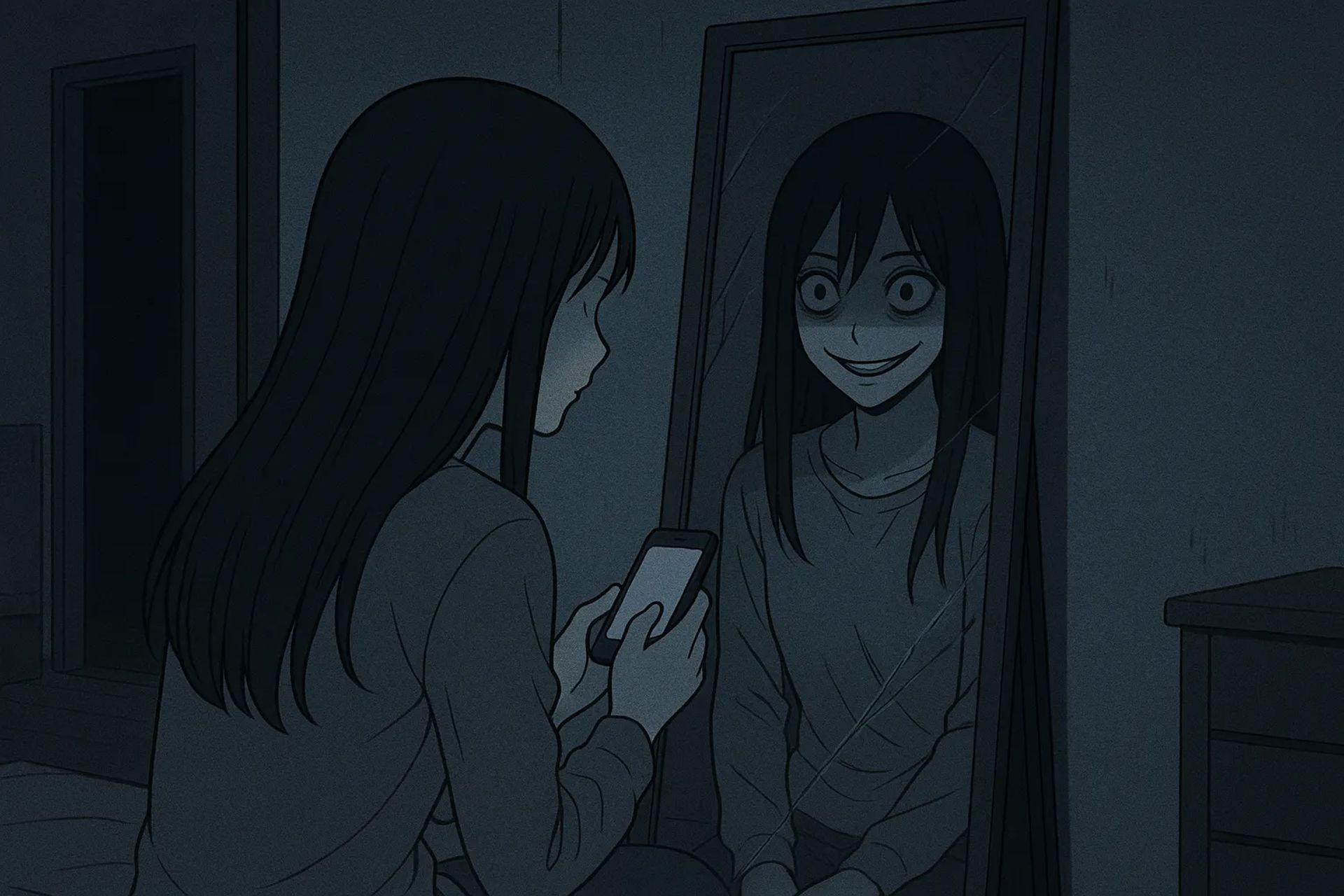 Japanese Ghost Story illustration "title: The Me in the Mirror"