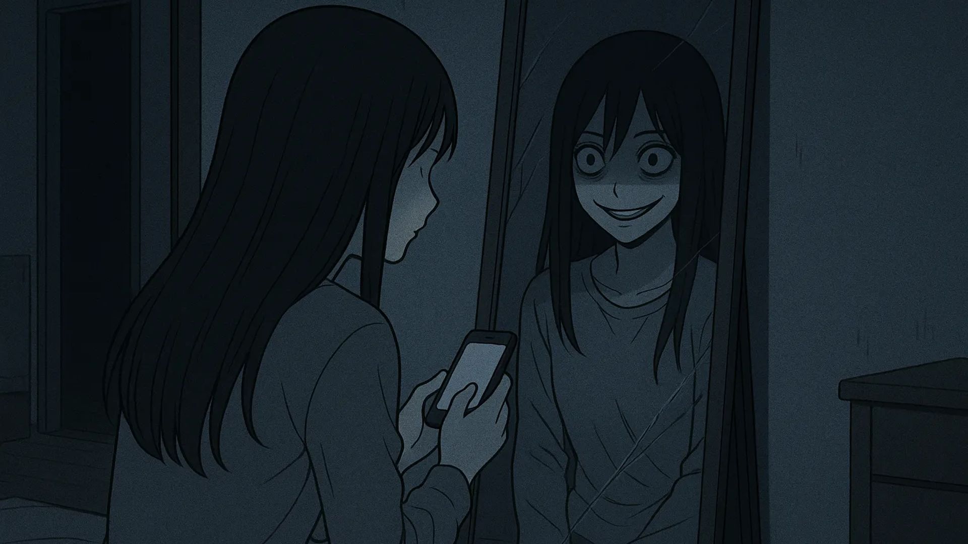 Japanese Ghost Story illustration "title: The Me in the Mirror"