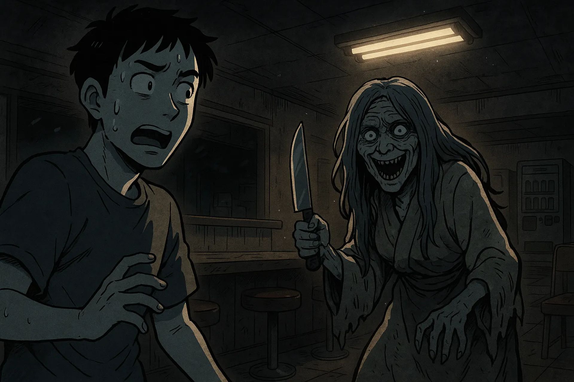 Japanese Ghost Story illustration "title: The Resident of the Mountain Drive-In"