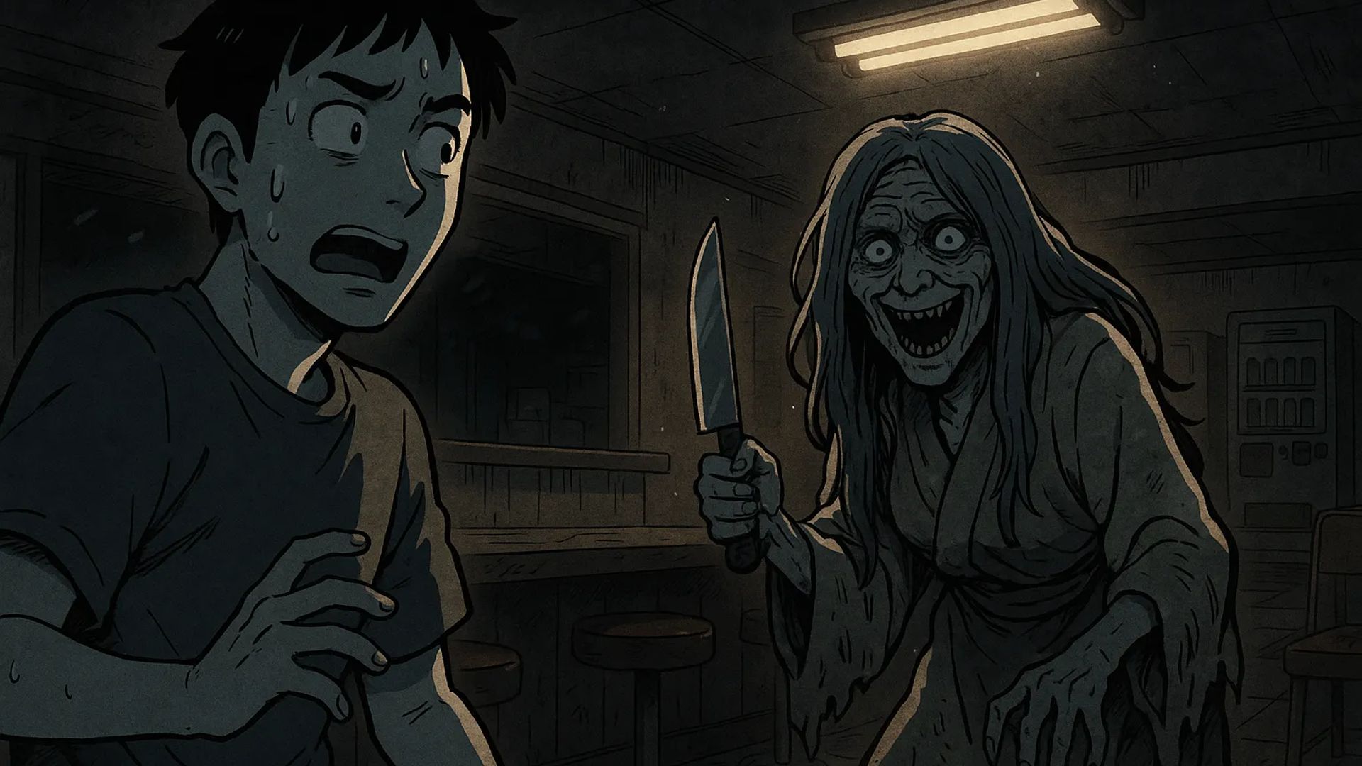 Japanese Ghost Story illustration "title: The Resident of the Mountain Drive-In"