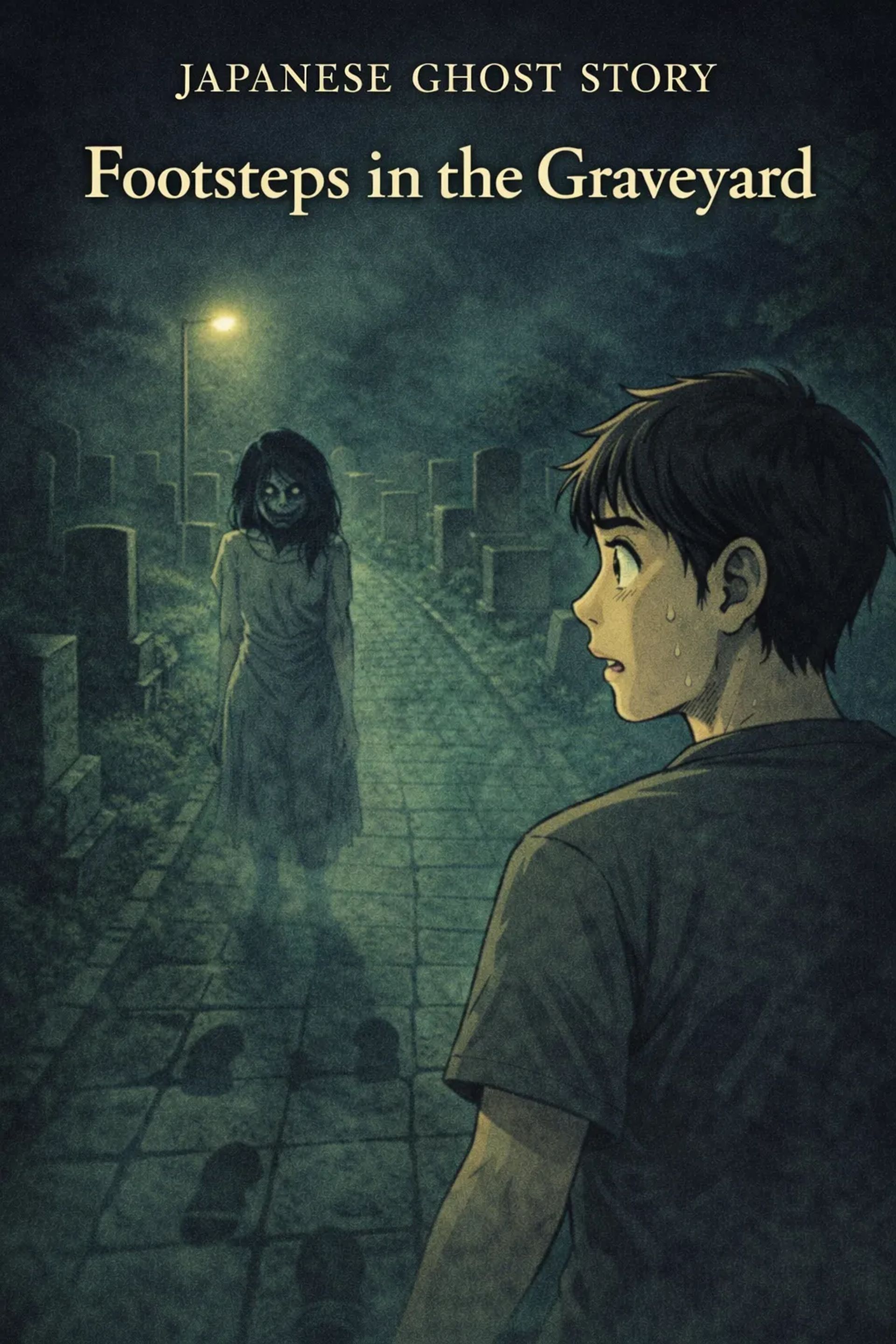 Japanese Ghost Story illustration "title: Footsteps in the Graveyard"