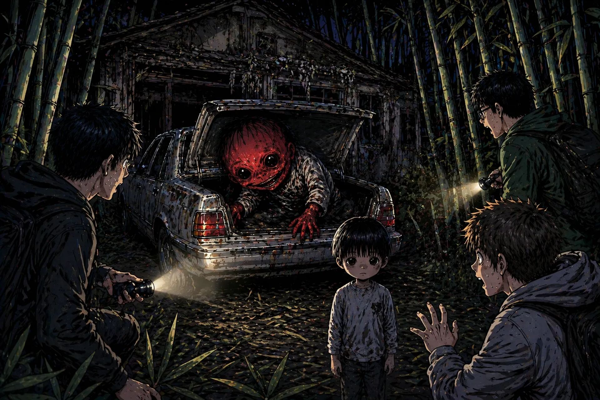 Japanese Ghost Story illustration "title: The Ruins in the Bamboo Grove"