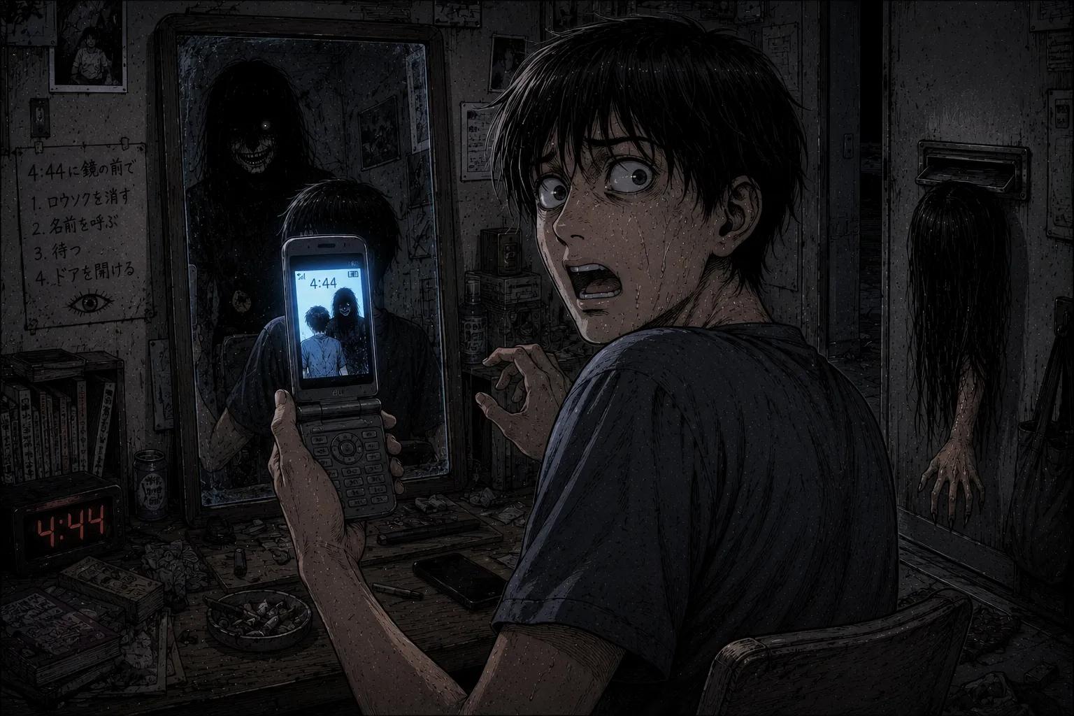 Japanese Ghost Story illustration "title: 4:44のおまじない"