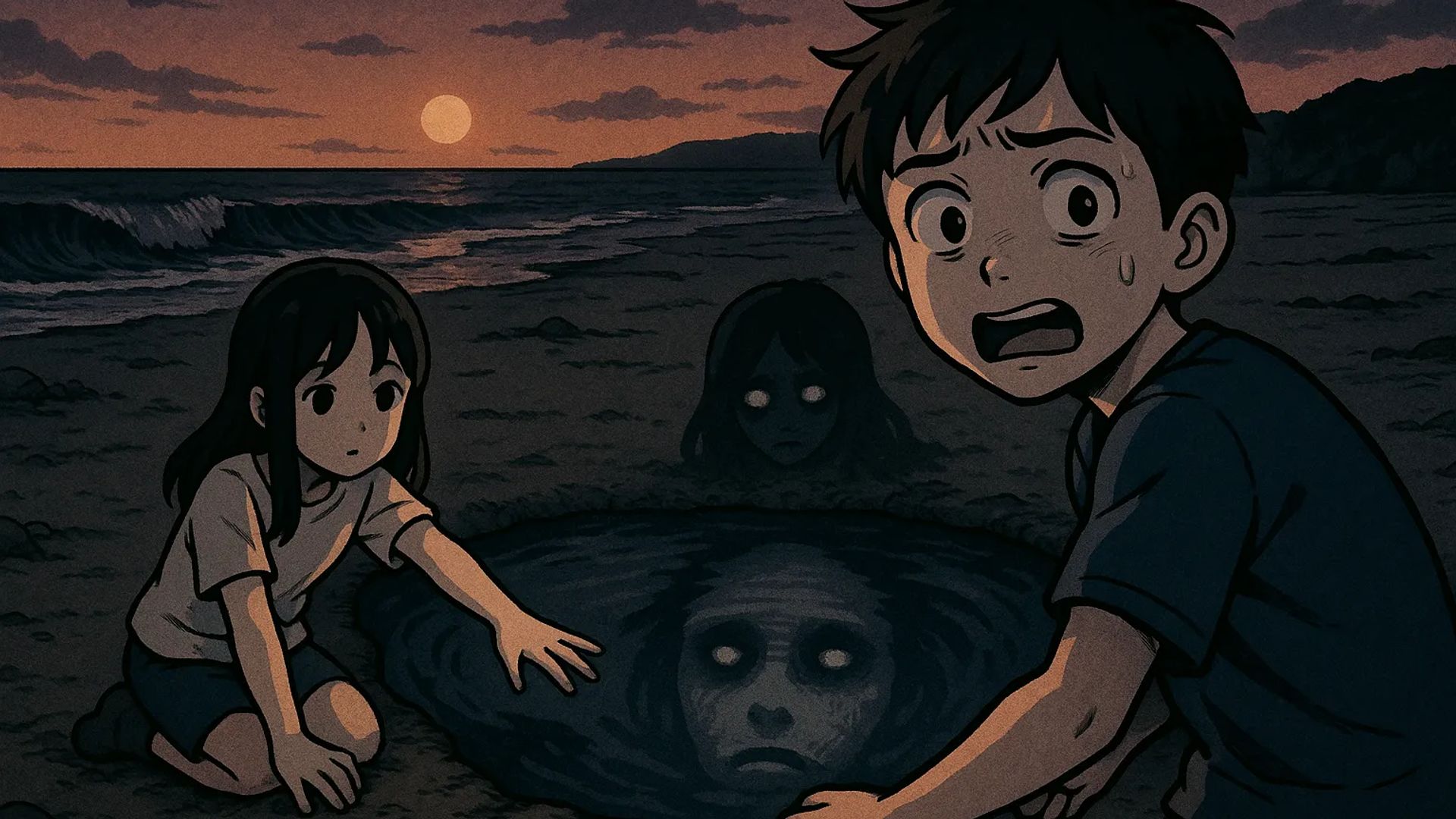 Japanese Ghost Story illustration "title: The Large Tide Pool"