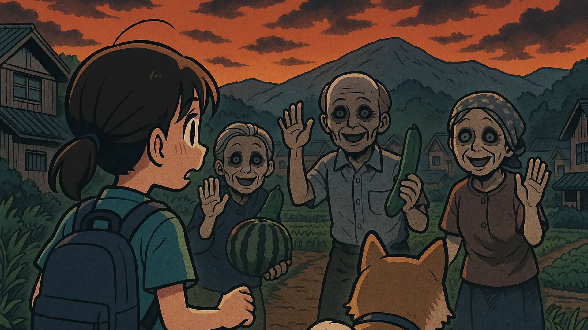 Japanese Ghost Story illustration "title: The Village Beyond the Mountain"