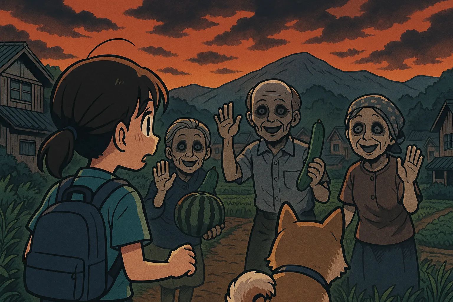 Japanese Ghost Story illustration "title: The Village Beyond the Mountain"