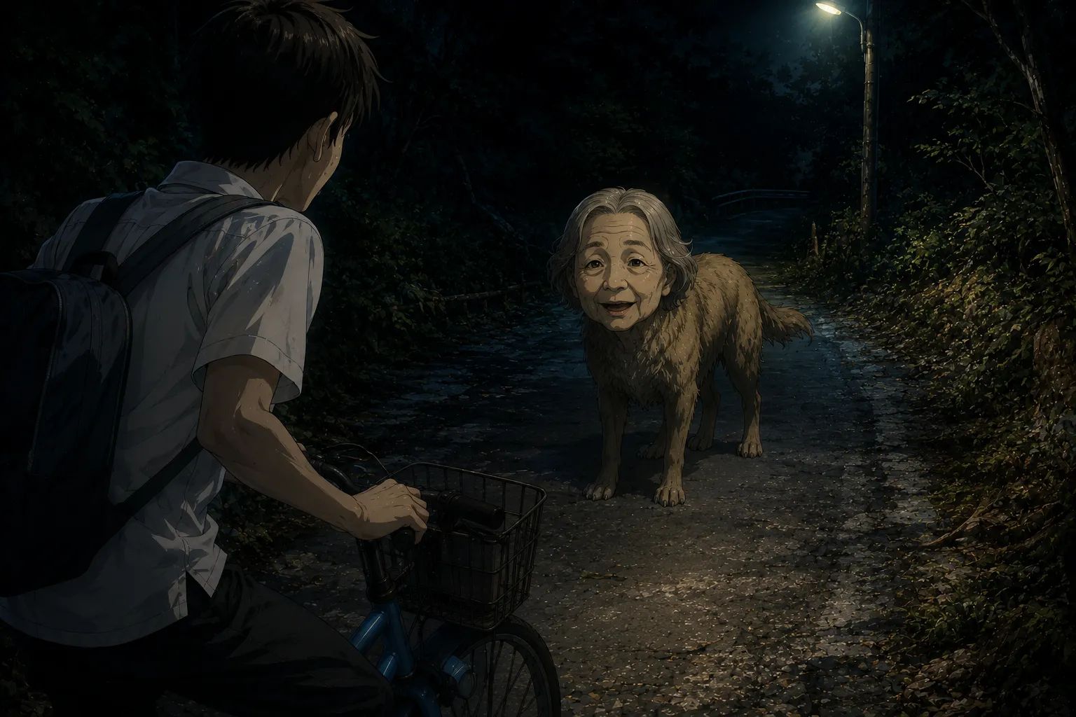 Japanese Ghost Story illustration "title: The Human-Faced Dog of the Mountain"