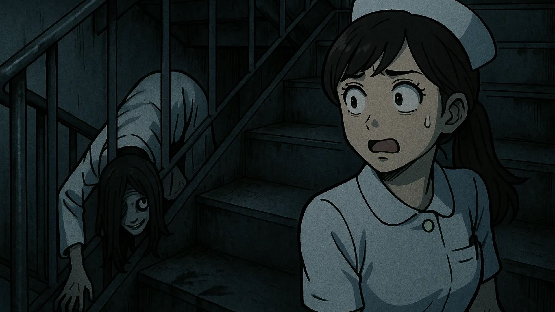 Japanese Ghost Story illustration "title: The Hospital Back Stairs"