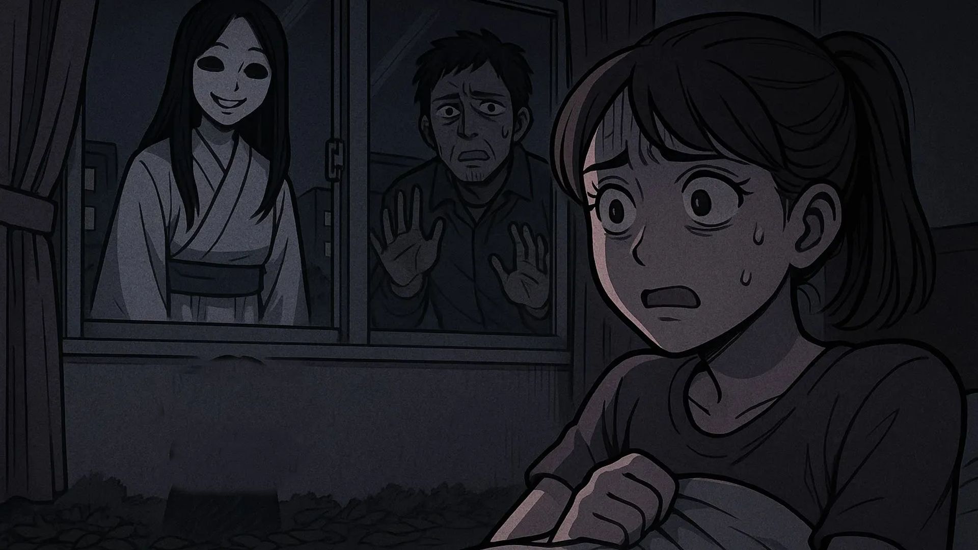 Japanese Ghost Story illustration "title: The Neighbor in the Apartment"