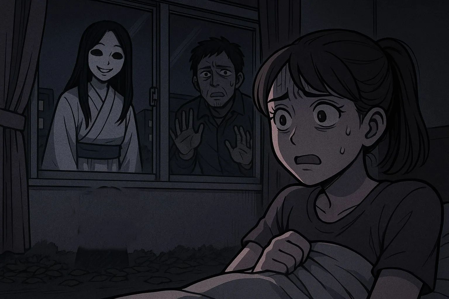 Japanese Ghost Story illustration "title: The Neighbor in the Apartment"