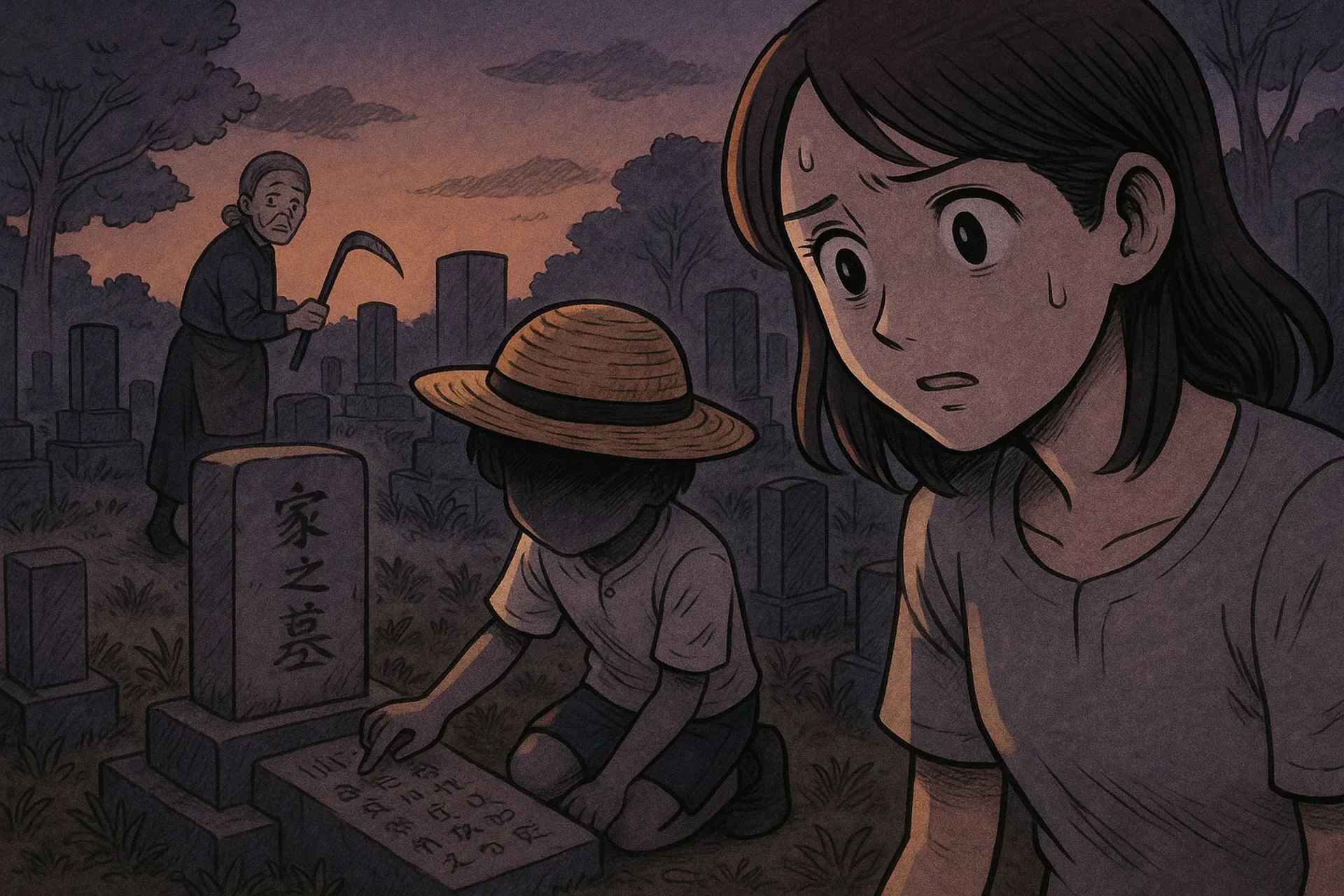 Japanese Ghost Story illustration "title: An Afternoon Grave Visit"