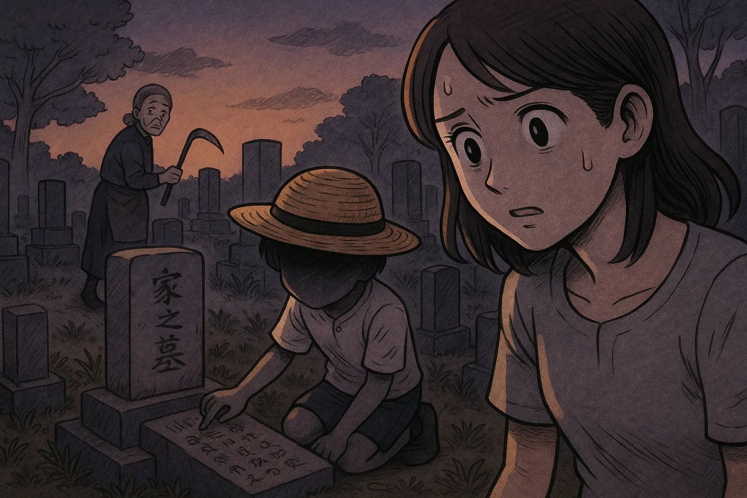 Japanese Ghost Story illustration "title: An Afternoon Grave Visit"