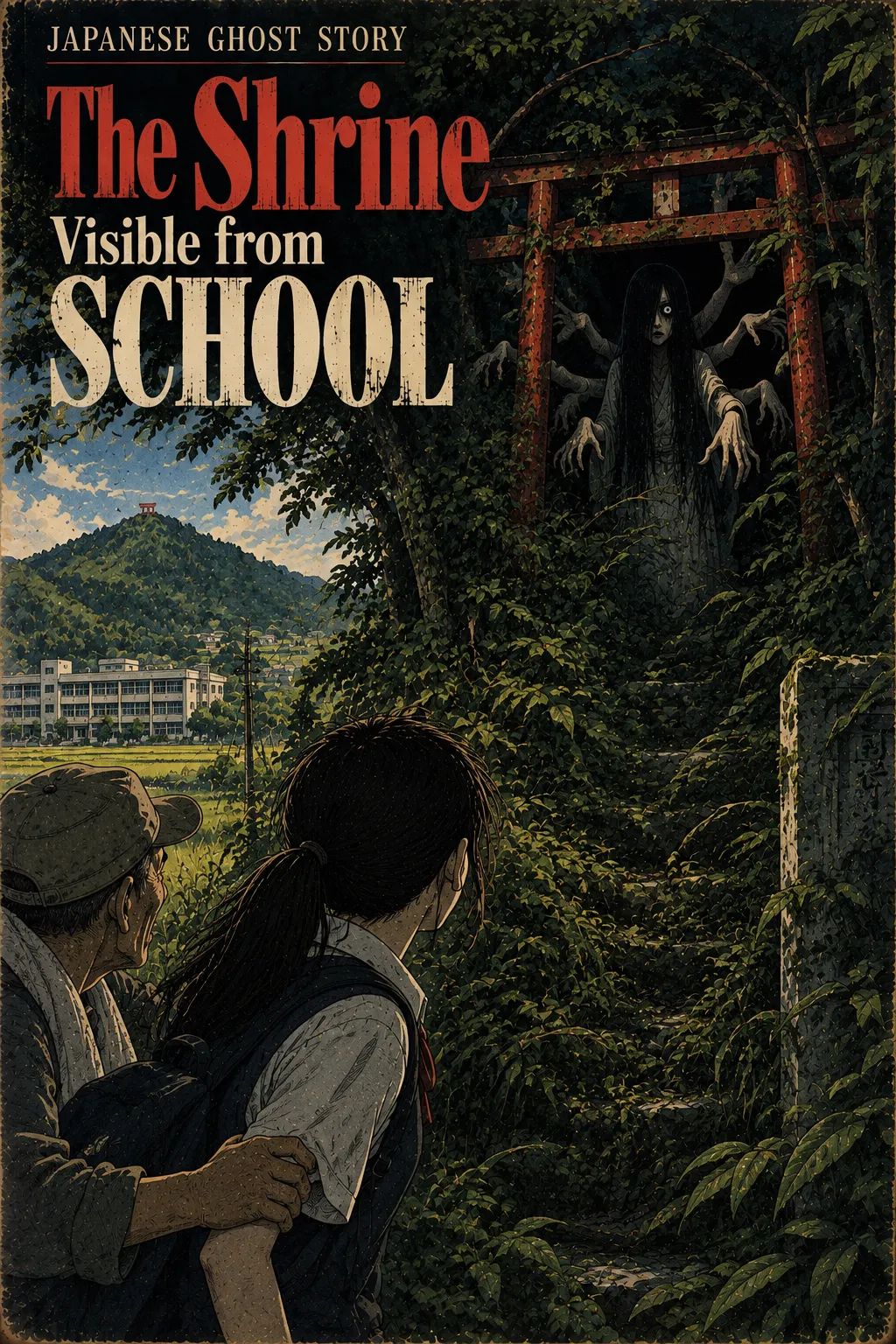 Japanese Ghost Story illustration "title: The Shrine Visible from School"