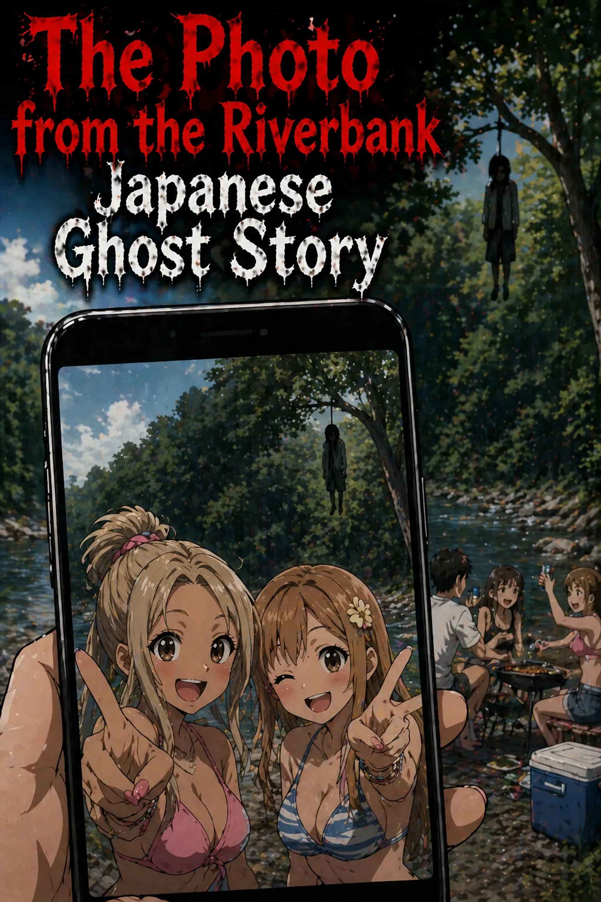 Japanese Ghost Story illustration "title: The Photo from the Riverbank"