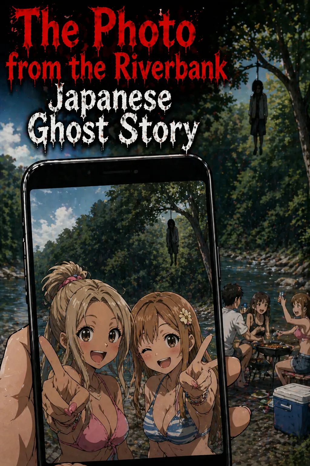 Japanese Ghost Story illustration "title: The Photo from the Riverbank"