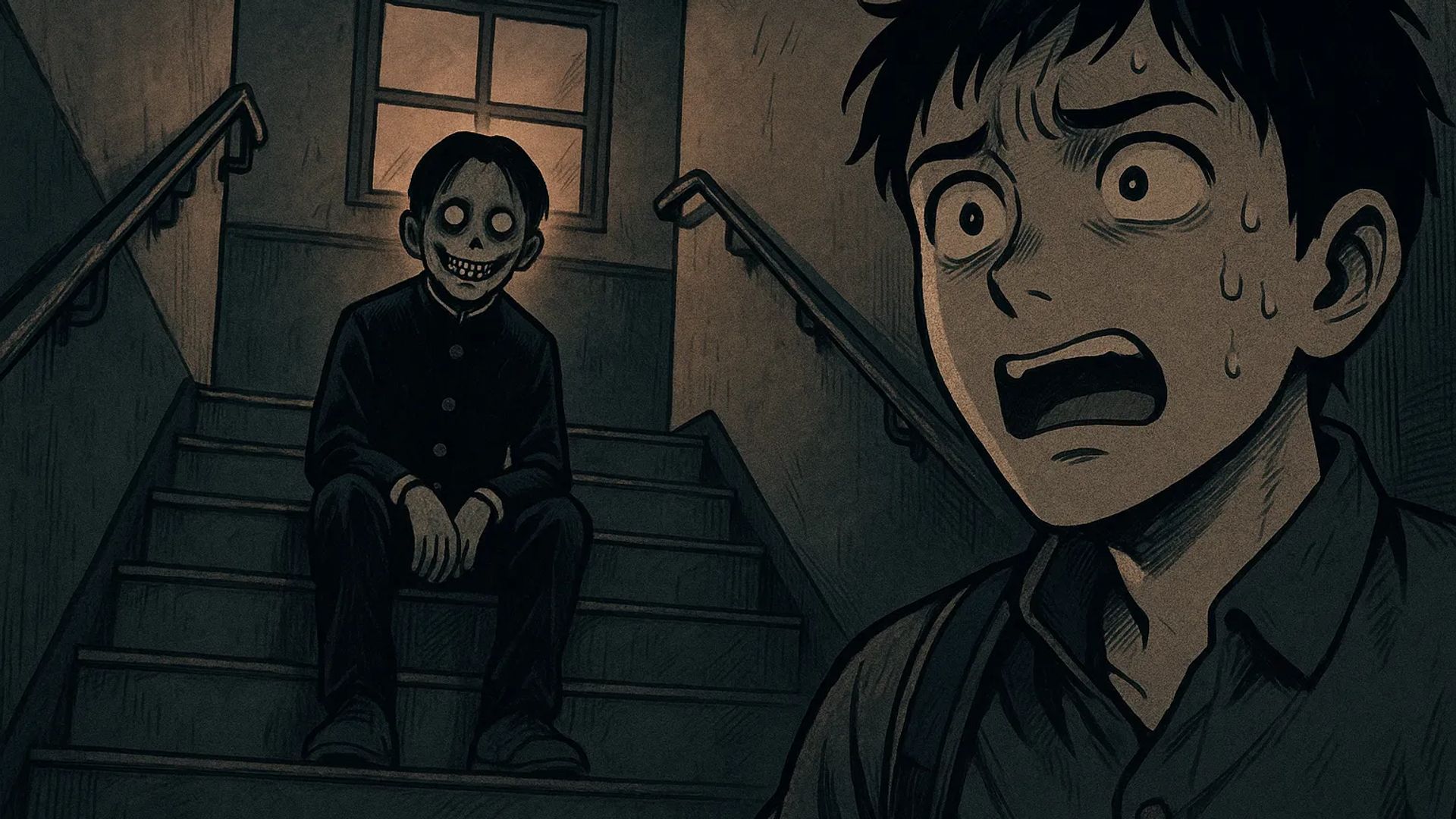 Japanese Ghost Story illustration "title: The Student on the Stairs"