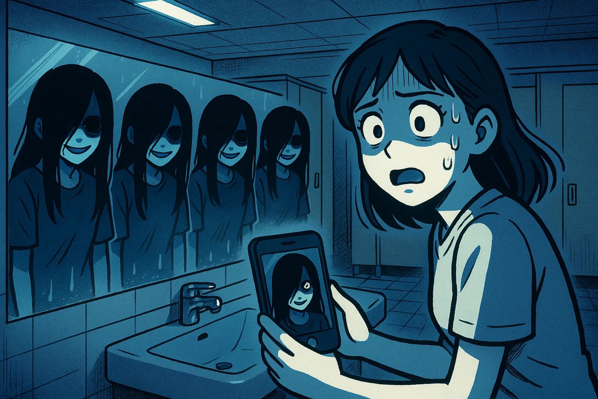 Japanese Ghost Story illustration "title: The Pre-Midnight Train Restroom"