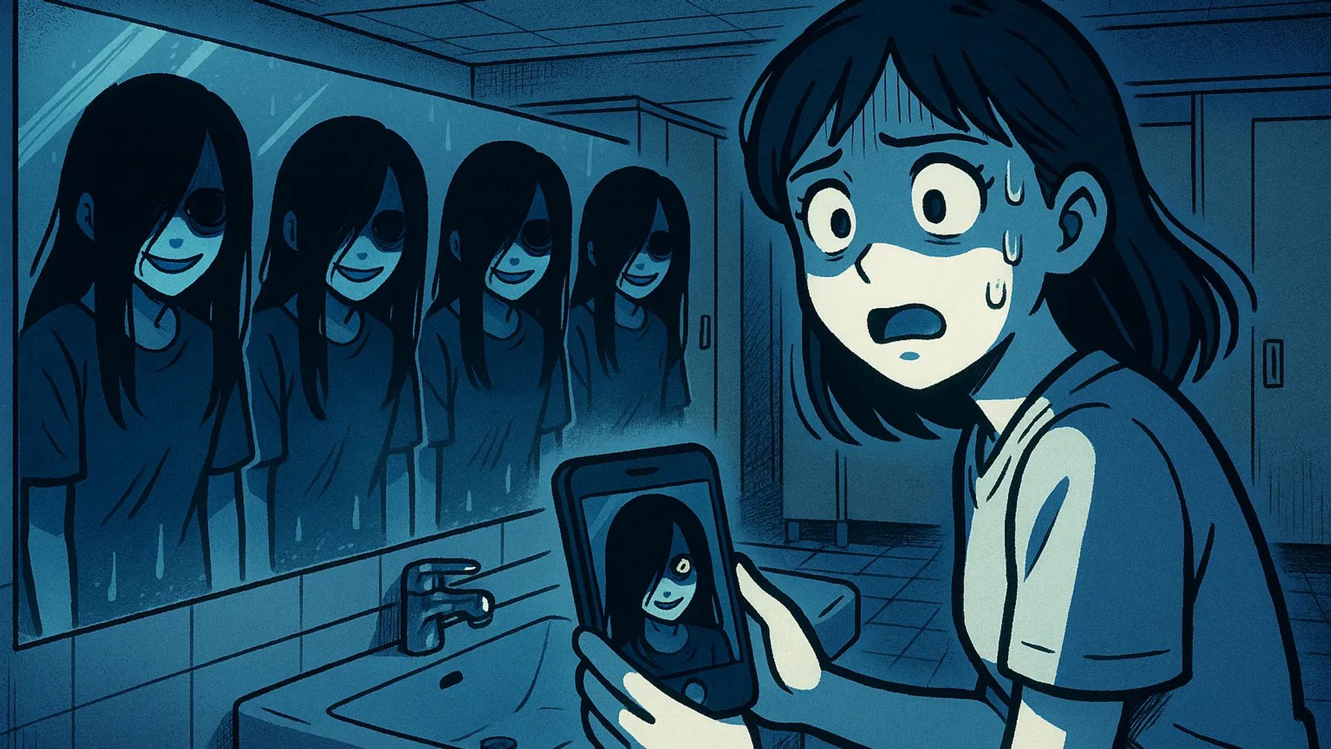 Japanese Ghost Story illustration "title: The Pre-Midnight Train Restroom"