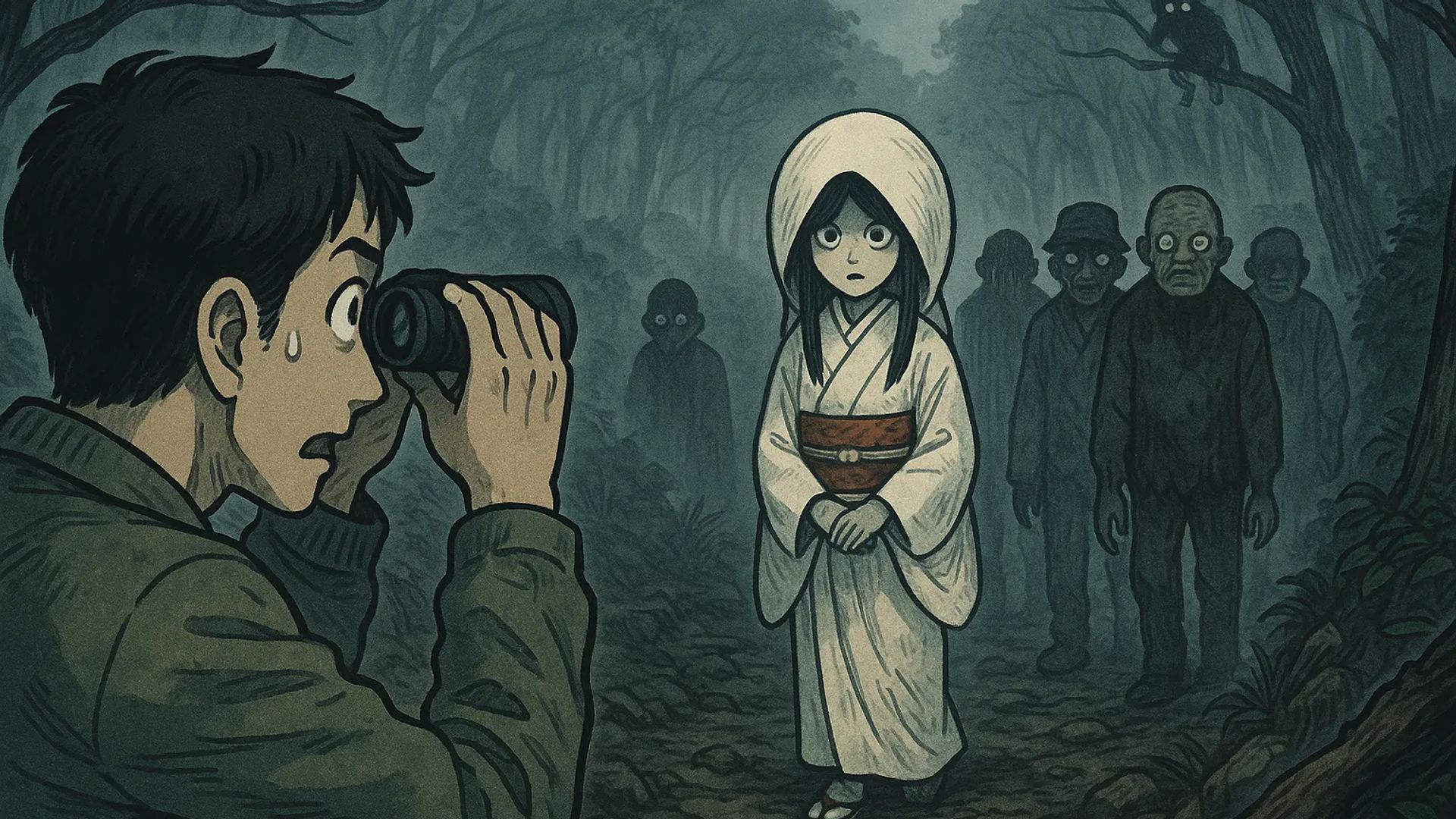 Japanese Ghost Story illustration "title: The Procession in the Mountains"