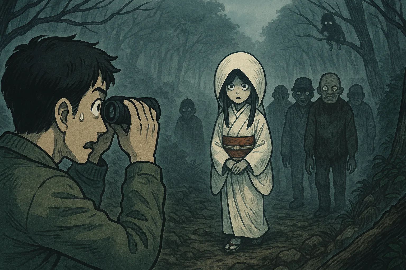Japanese Ghost Story illustration "title: The Procession in the Mountains"