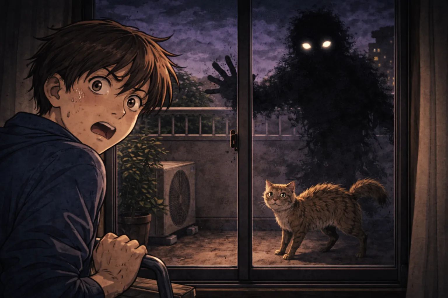 Japanese Ghost Story illustration "title: The Cat on the Balcony"