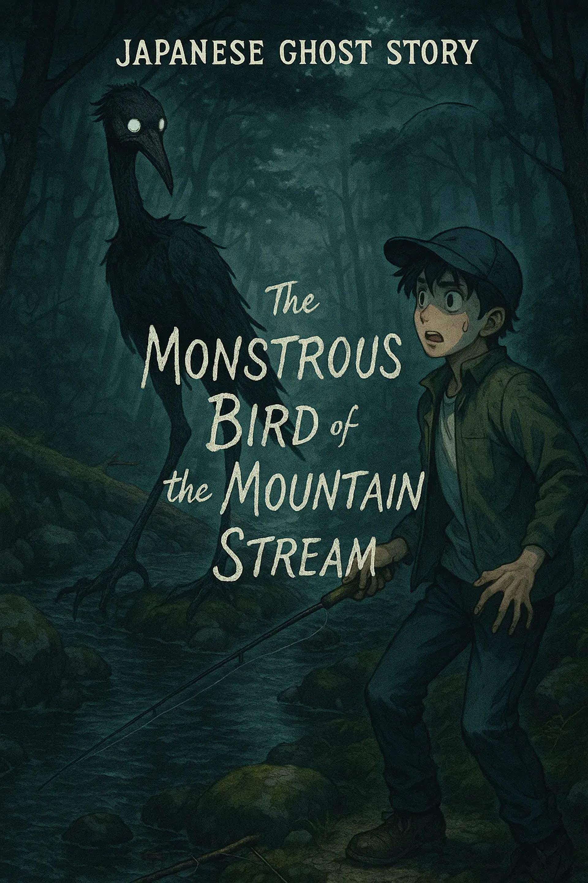 Japanese Ghost Story illustration "title: The Monstrous Bird of the Mountain Stream"