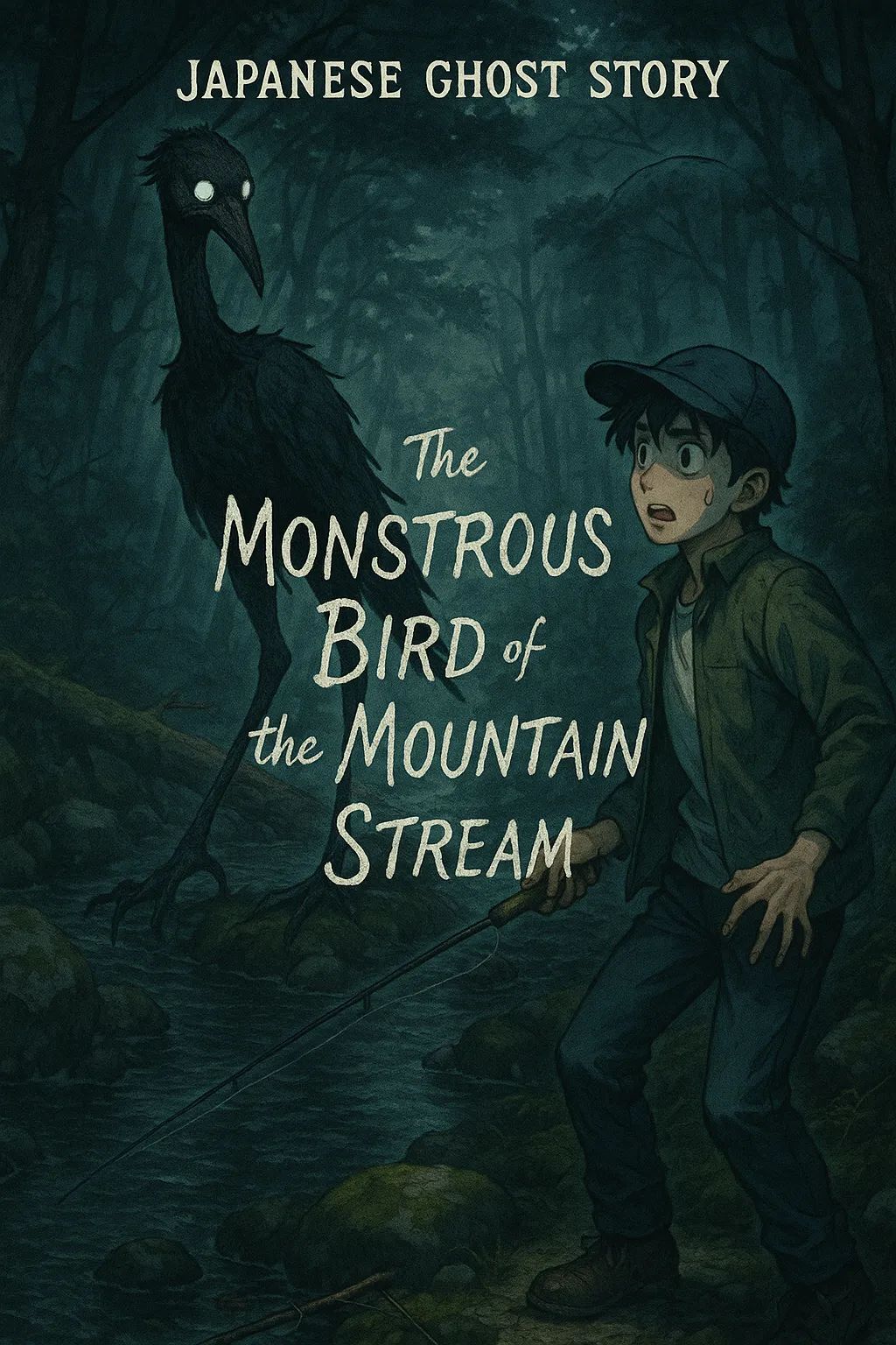 Japanese Ghost Story illustration "title: The Monstrous Bird of the Mountain Stream"