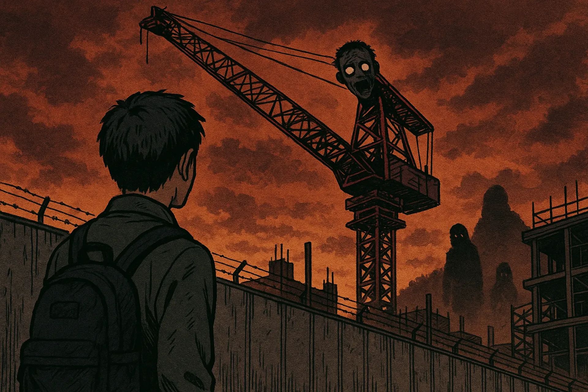Japanese Ghost Story illustration "title: The Crane at the Construction Site"