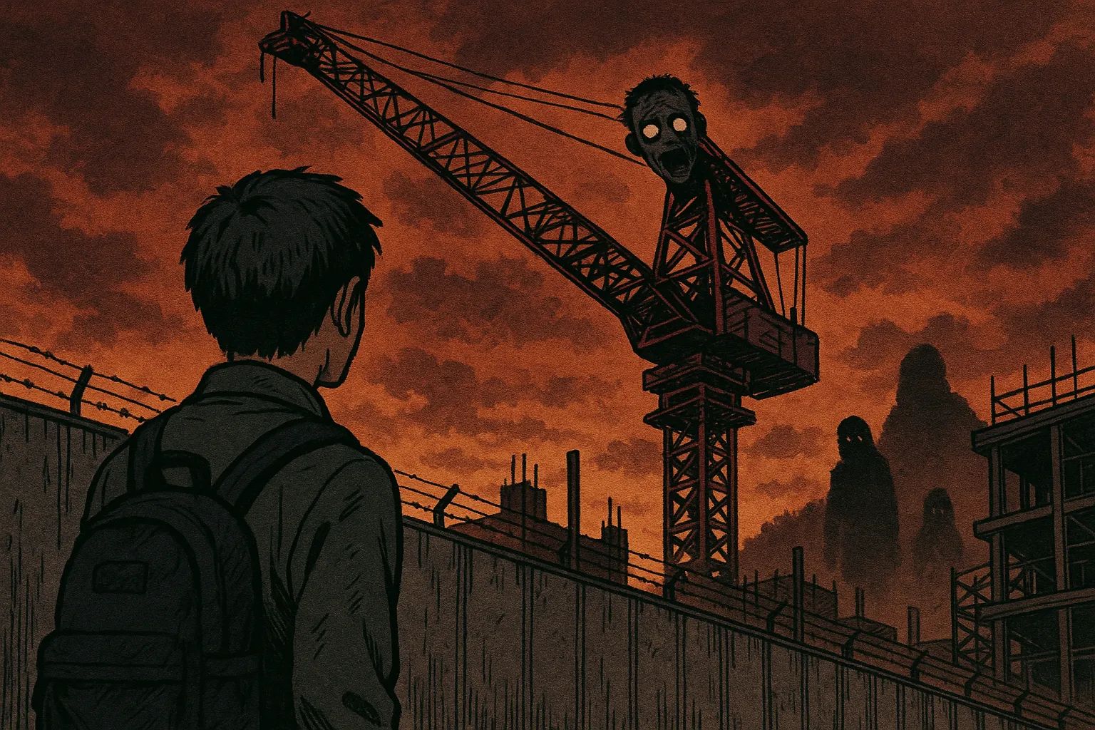 Japanese Ghost Story illustration "title: The Crane at the Construction Site"