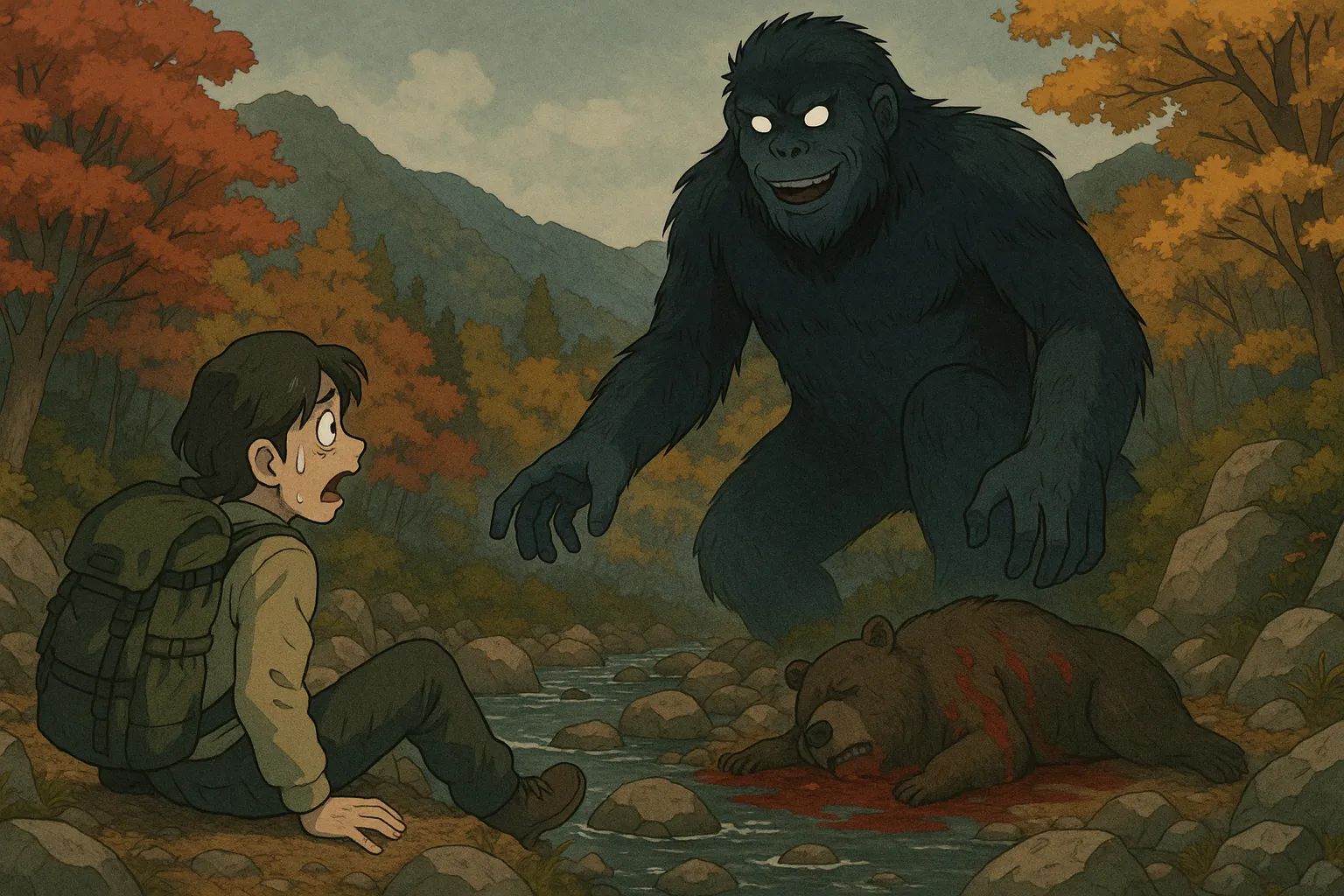 Japanese Ghost Story illustration "title: The Shadow in the Mountain"