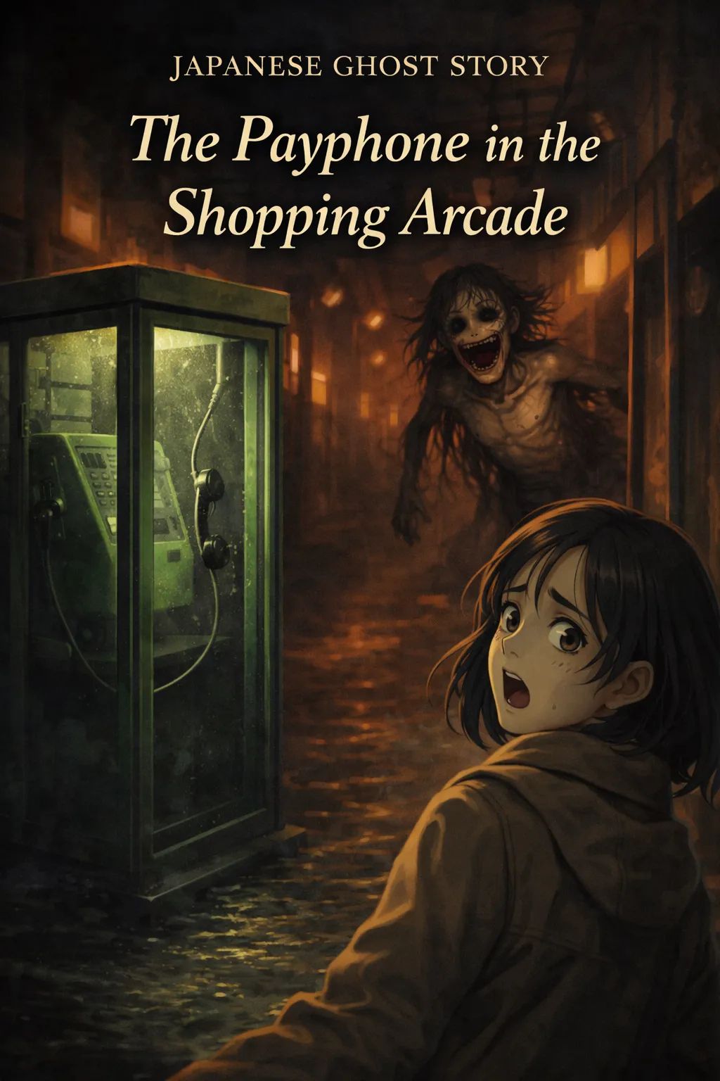 Japanese Ghost Story illustration "title: The Payphone in the Shopping Arcade"