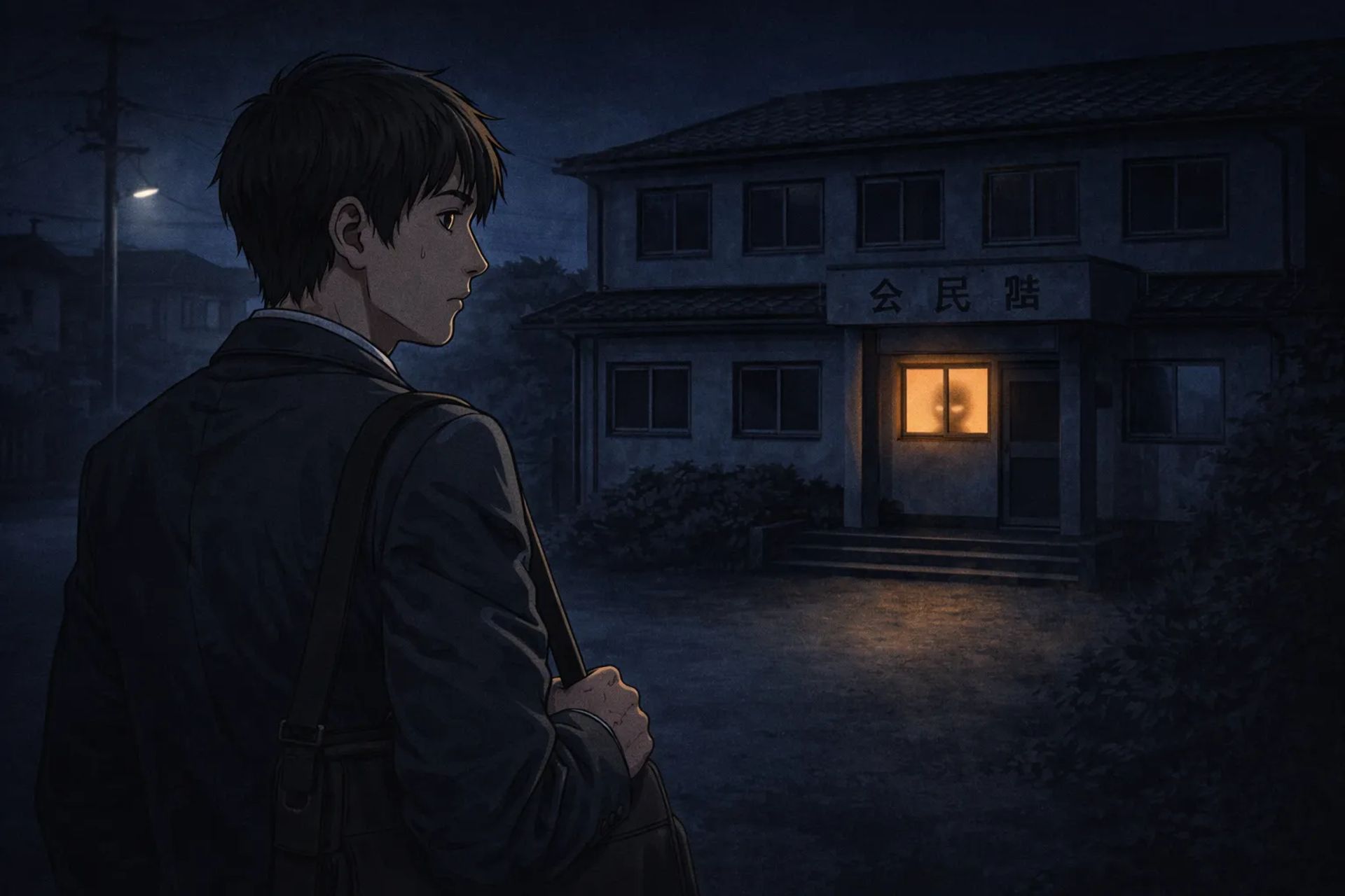 Japanese Ghost Story illustration "title: The Lights of the Midnight Community Center"