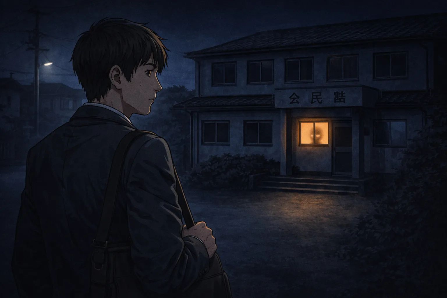 Japanese Ghost Story illustration "title: The Lights of the Midnight Community Center"