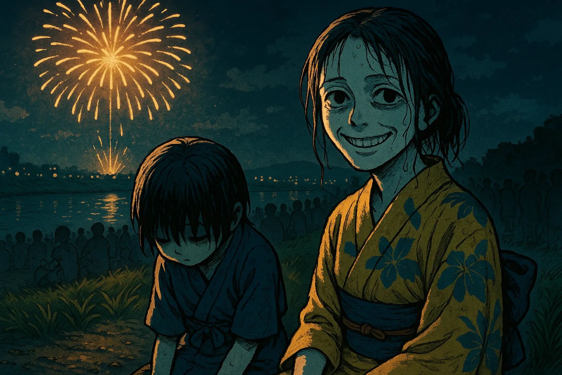 Japanese Ghost Story illustration "title: The Mother and Child at the Fireworks"